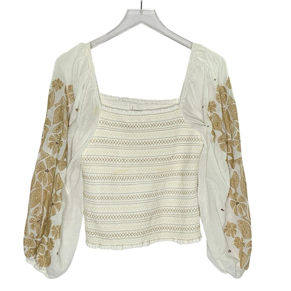 Anthropologie Smocked Embroidered Top M Boho Ivory Floral Cottage